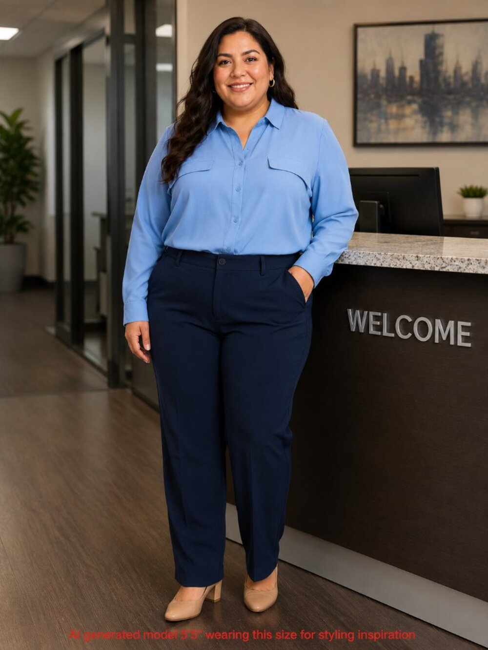 Plus Size Blue Button Front Work Blouse 2X Investments Woman